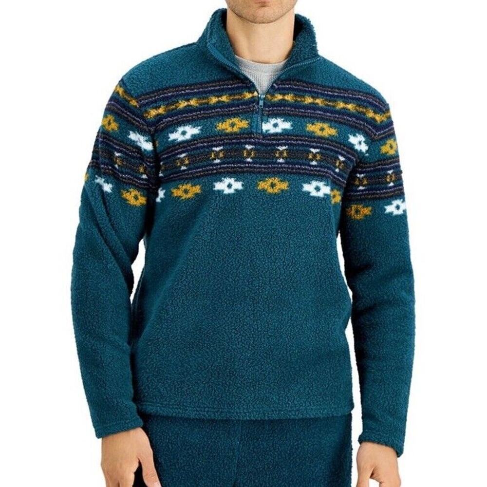 Sun + Stone Mens Sherpa Aztec Fleece Pullover S Green Faux Fur 1/4 Zip Southwest
